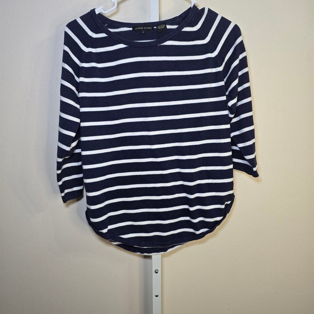 Jeanne Pierre Womens Navy Blue White Striped Cotton Knit Sweater 3/4 Sleeve sz S